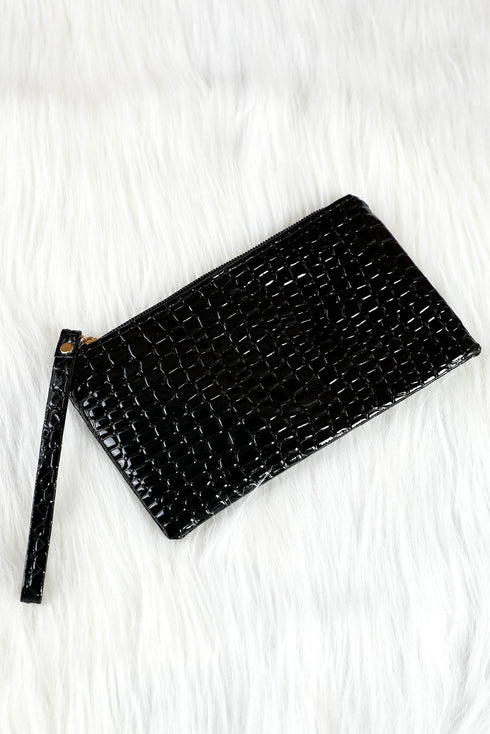 Embossed Faux Leather Crocodile Pattern Zipper Wristlet