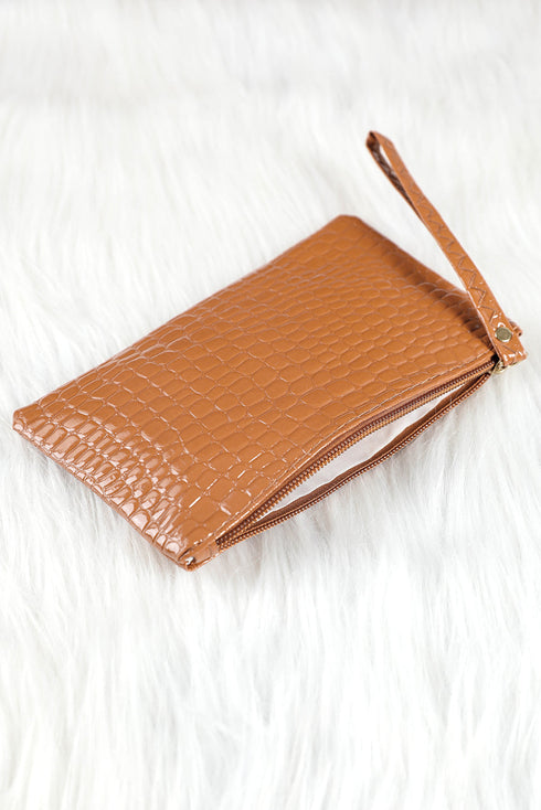 Embossed Faux Leather Crocodile Pattern Zipper Wristlet