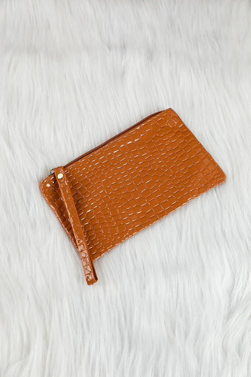 Embossed Faux Leather Crocodile Pattern Zipper Wristlet