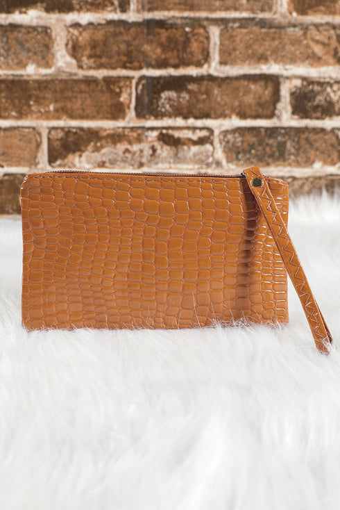 Embossed Faux Leather Crocodile Pattern Zipper Wristlet
