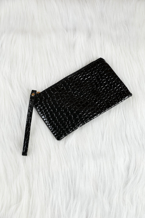 Embossed Faux Leather Crocodile Pattern Zipper Wristlet