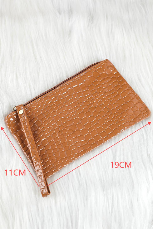 Embossed Faux Leather Crocodile Pattern Zipper Wristlet