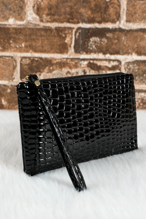Embossed Faux Leather Crocodile Pattern Zipper Wristlet