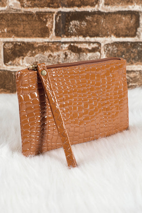 Embossed Faux Leather Crocodile Pattern Zipper Wristlet