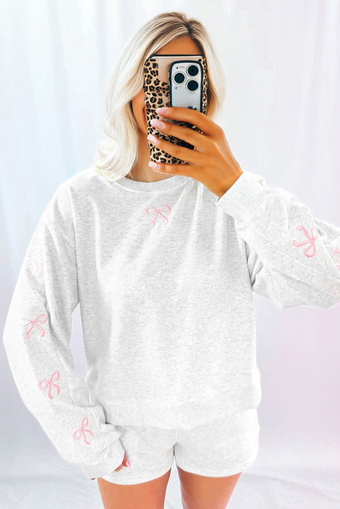 Embroidered Bow Detail Puff Sleeve Pullover Short Set