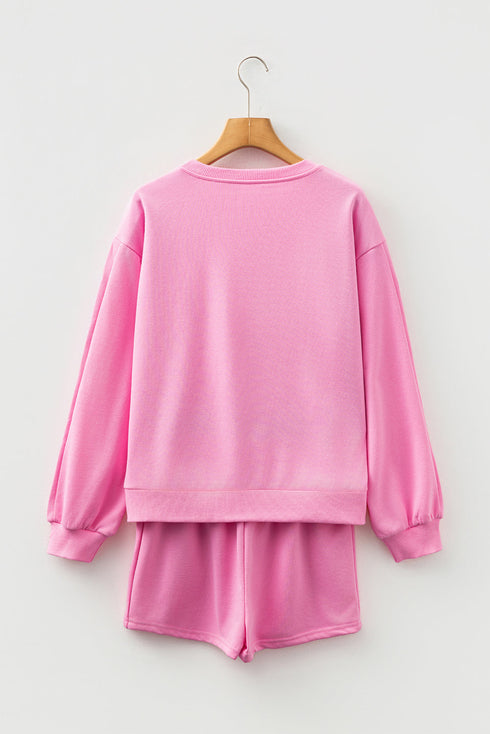 Embroidered Bow Detail Puff Sleeve Pullover Short Set