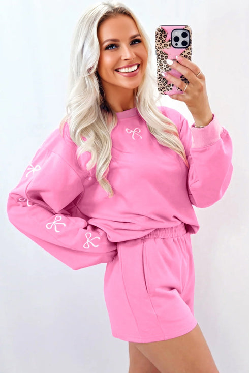 Embroidered Bow Detail Puff Sleeve Pullover Short Set