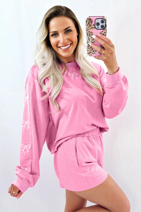 Embroidered Bow Detail Puff Sleeve Pullover Short Set