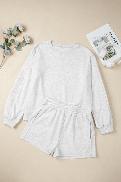 Embroidered Bow Detail Puff Sleeve Pullover Short Set