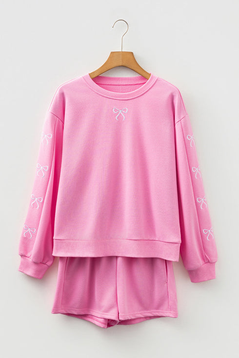 Embroidered Bow Detail Puff Sleeve Pullover Short Set