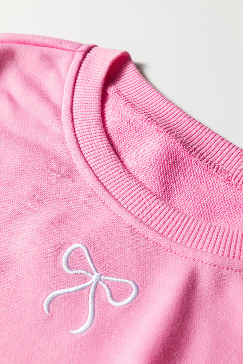 Embroidered Bow Detail Puff Sleeve Pullover Short Set