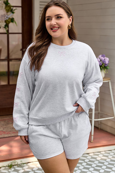 Embroidered Bow Puff Sleeve Shorts Plus Size Loungewear
