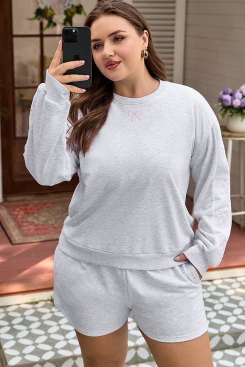 Embroidered Bow Puff Sleeve Shorts Plus Size Loungewear