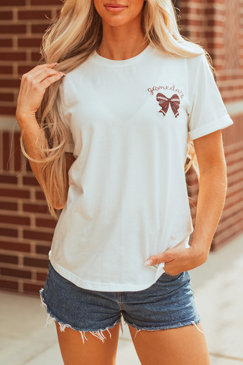 Embroidered Bowknot Graphic Crew Neck Short Sleeve Tee