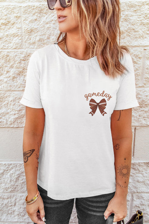 Embroidered Bowknot Graphic Crew Neck Short Sleeve Tee