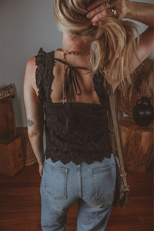 Embroidered Button Front Scalloped Hem Tank