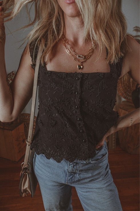 Embroidered Button Front Scalloped Hem Tank