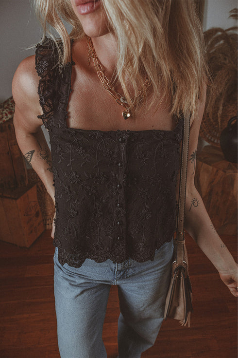 Embroidered Button Front Scalloped Hem Tank