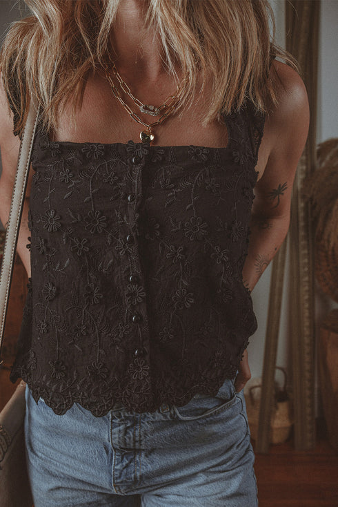Embroidered Button Front Scalloped Hem Tank