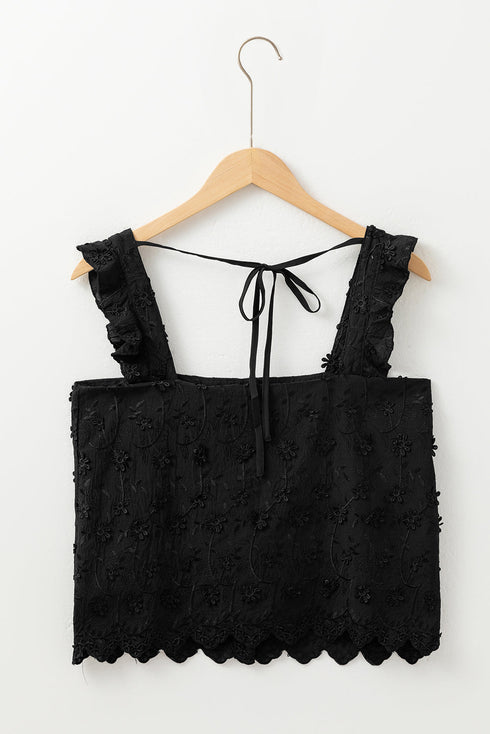 Embroidered Button Front Scalloped Hem Tank