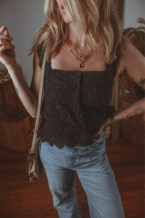 Embroidered Button Front Scalloped Hem Tank