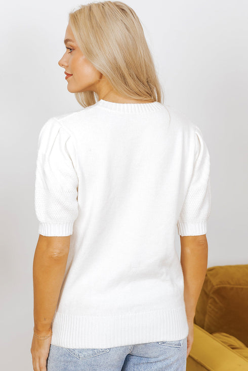 Embroidered Cable Knit Puff Sleeve Sweater Top