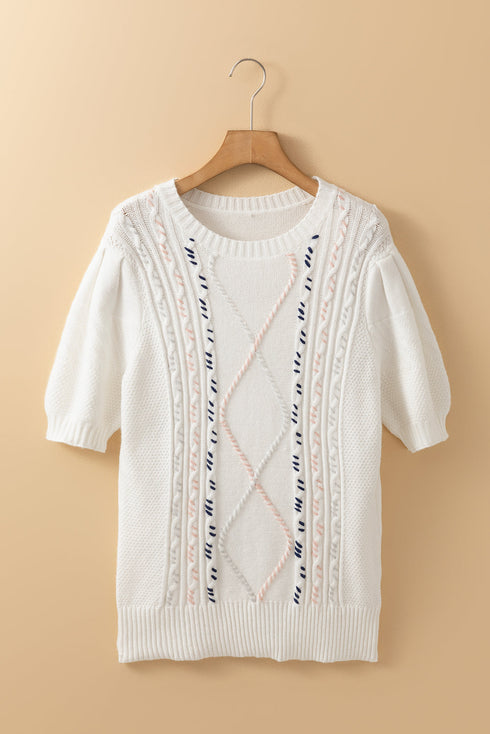 Embroidered Cable Knit Puff Sleeve Sweater Top