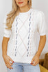 Embroidered Cable Knit Puff Sleeve Sweater Top