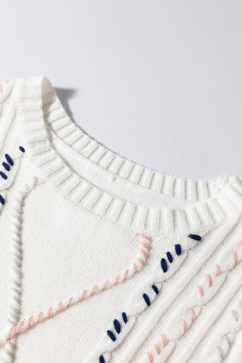 Embroidered Cable Knit Puff Sleeve Sweater Top