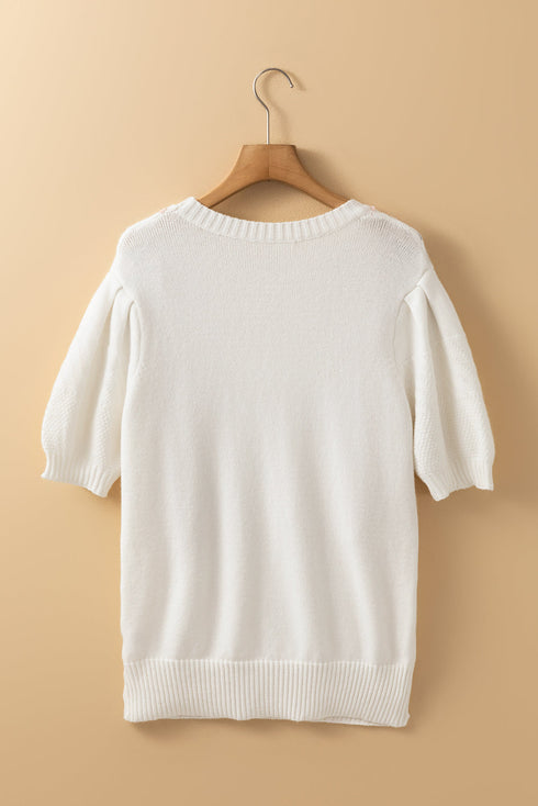 Embroidered Cable Knit Puff Sleeve Sweater Top
