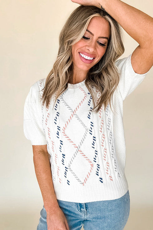 Embroidered Cable Knit Puff Sleeve Sweater Top