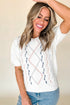 Embroidered Cable Knit Puff Sleeve Sweater Top