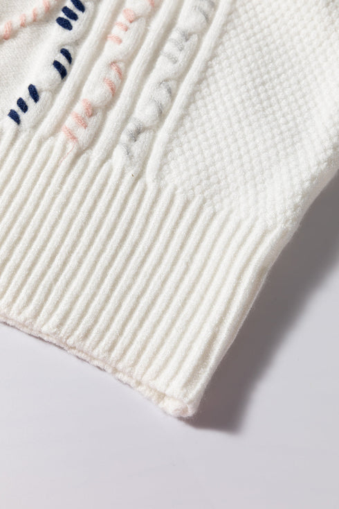 Embroidered Cable Knit Puff Sleeve Sweater Top