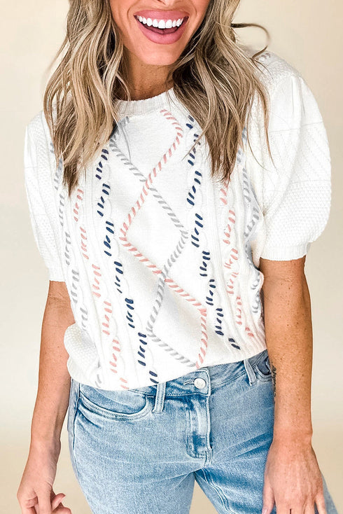 Embroidered Cable Knit Puff Sleeve Sweater Top