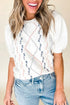 Embroidered Cable Knit Puff Sleeve Sweater Top
