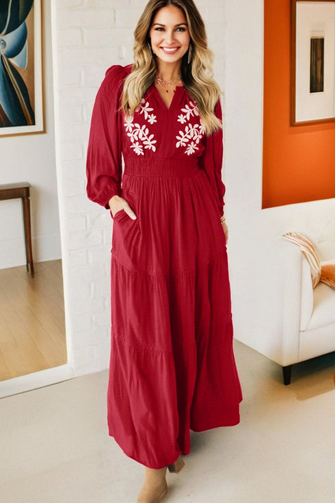 Embroidered Cinched Waist Tiered Long Sleeve Maxi Dress