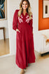 Embroidered Cinched Waist Tiered Long Sleeve Maxi Dress