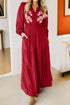 Embroidered Cinched Waist Tiered Long Sleeve Maxi Dress