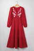 Embroidered Cinched Waist Tiered Long Sleeve Maxi Dress