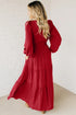 Embroidered Cinched Waist Tiered Long Sleeve Maxi Dress