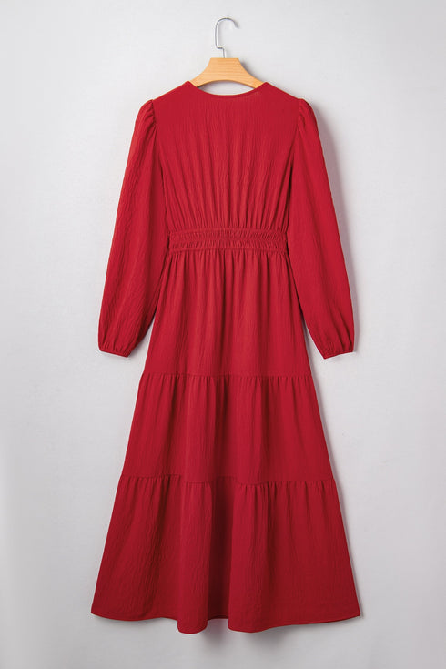 Embroidered Cinched Waist Tiered Long Sleeve Maxi Dress