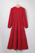 Embroidered Cinched Waist Tiered Long Sleeve Maxi Dress