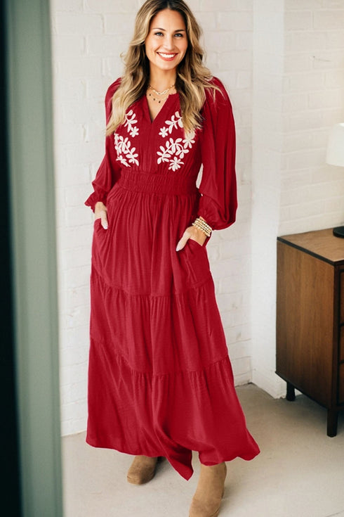 Embroidered Cinched Waist Tiered Long Sleeve Maxi Dress