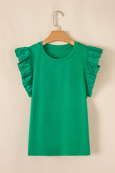 Embroidered Clover Ruffled Sleeve Ribbed Knit Shirt