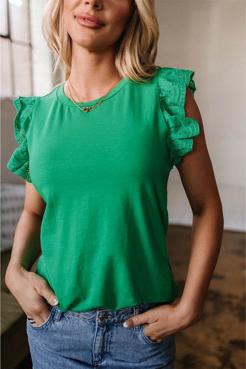 Embroidered Clover Ruffled Sleeve Ribbed Knit Shirt