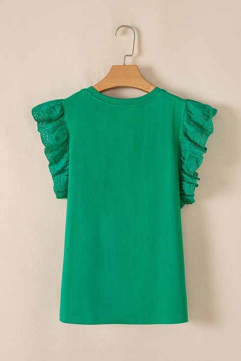Embroidered Clover Ruffled Sleeve Ribbed Knit Shirt