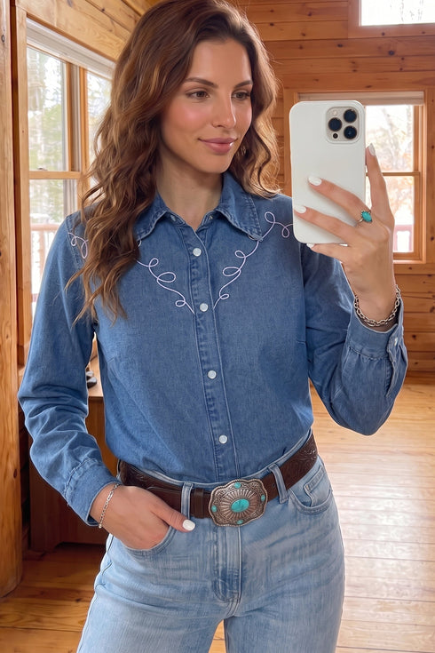 Embroidered Collar Western Long Sleeve Denim Shirt