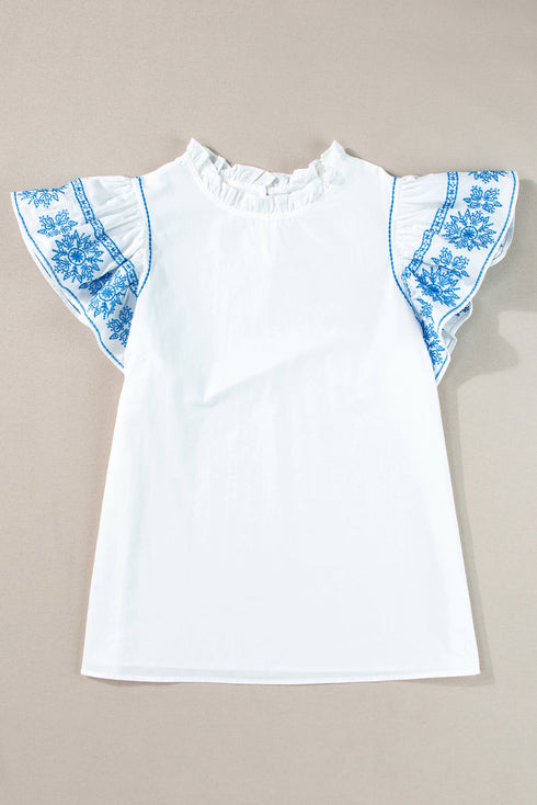 Embroidered Cotton Ruffle Sleeve Frilled Collar Woven Blouse