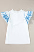 Embroidered Cotton Ruffle Sleeve Frilled Collar Woven Blouse