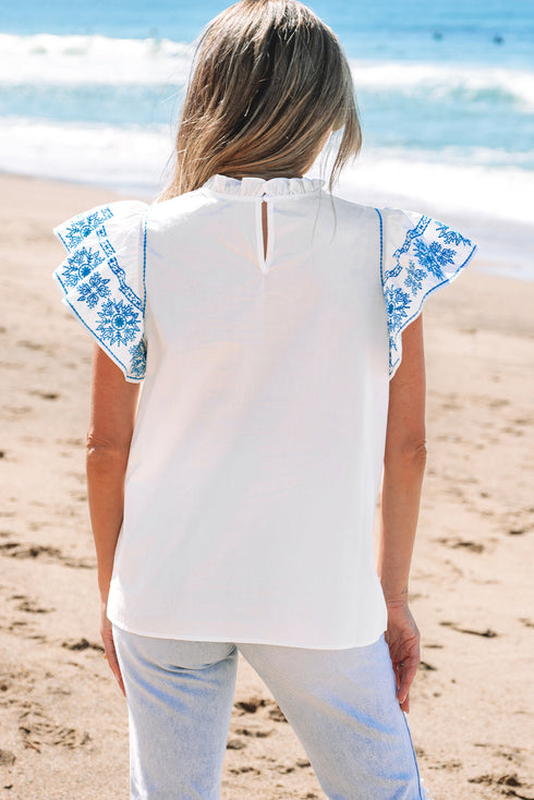 Embroidered Cotton Ruffle Sleeve Frilled Collar Woven Blouse